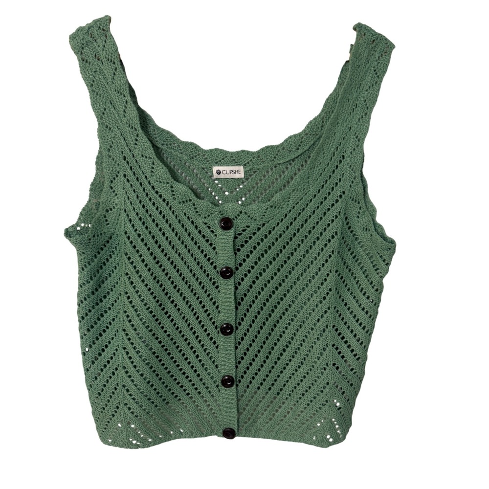 Cupshe Crochet Knit Tank Top Womens Medium Green Excellent Pointelle Boho Vest